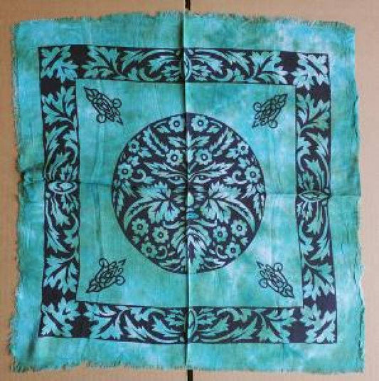 Green Man Altar Cloth with fringe 18 x18" Green/black