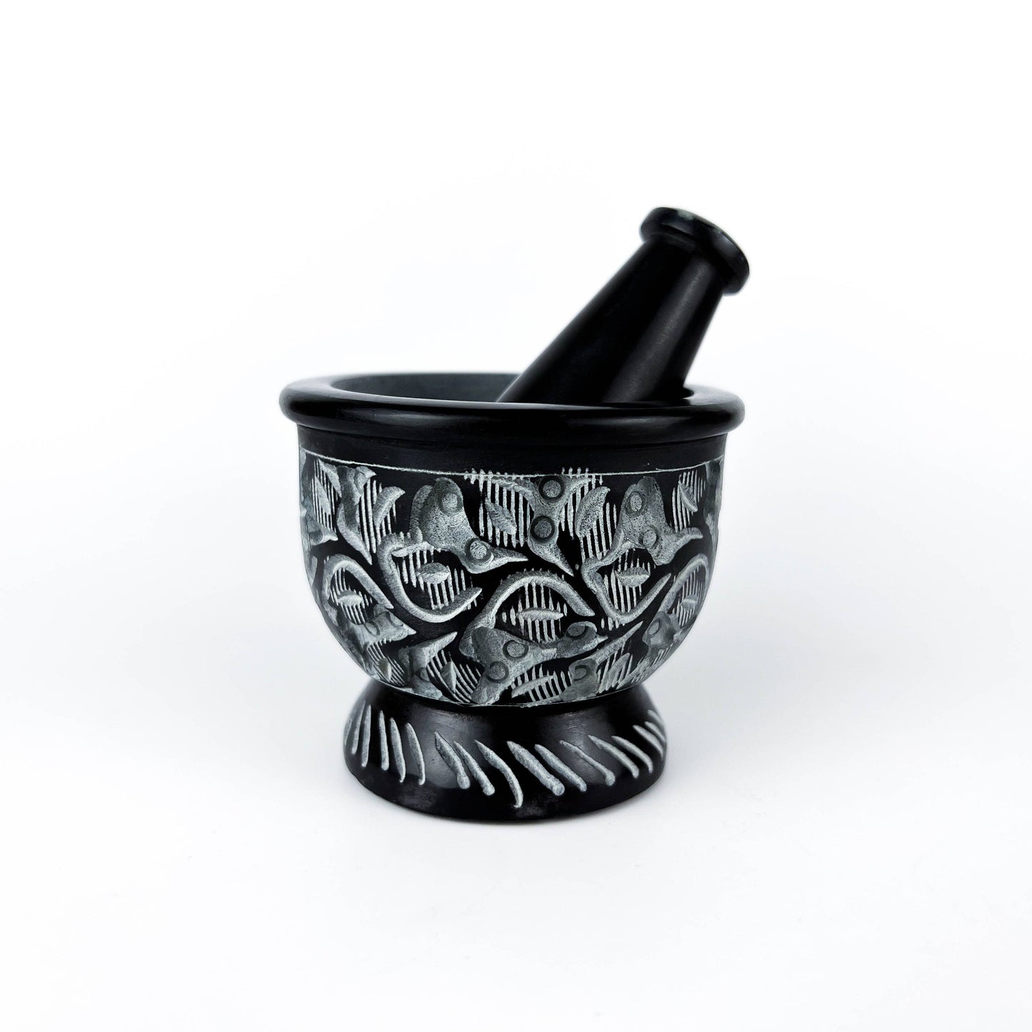 Black Carved Soapstone Mortar & Pestle 2.5"H, 3"D