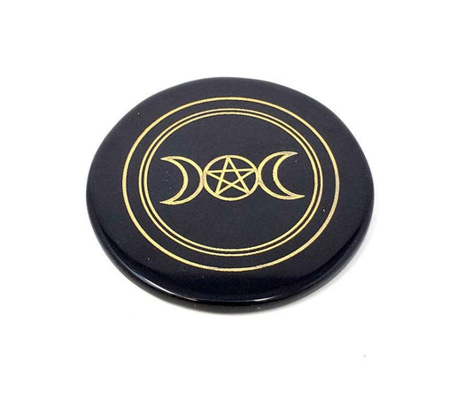 Black Agate Coaster/Altar Tile - Triple Moon Pentagram 3"