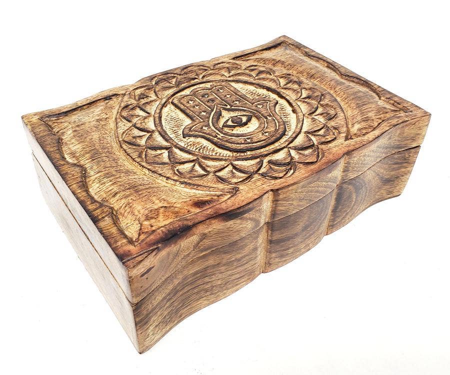 Hamsa Hand Evil Eye Carved Wood Box 9" x 6" x 2.75" High