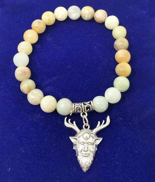 Amazonite Gem Stone Bracelet with Green Man Charm w/ Velvet