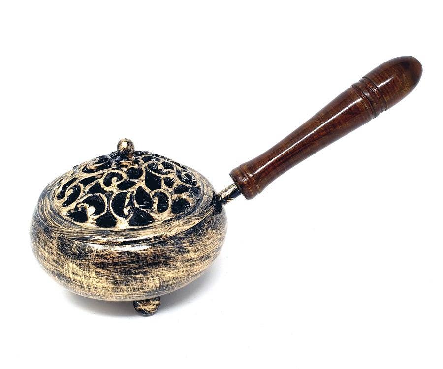 9" Golden Finish Iron Charcoal Burner with Lid & wood Handle