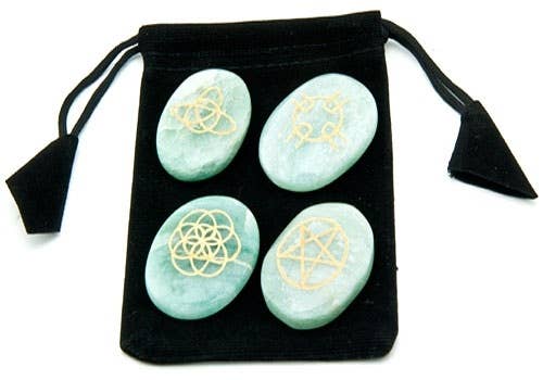 Green Jade Celtic & Gothic Symbols Set With Velvet Pouch