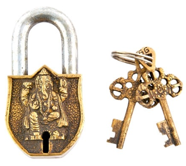 Lord Ganesh Tibetan Antique Brass Lock - 1.75"W, 3.5"H