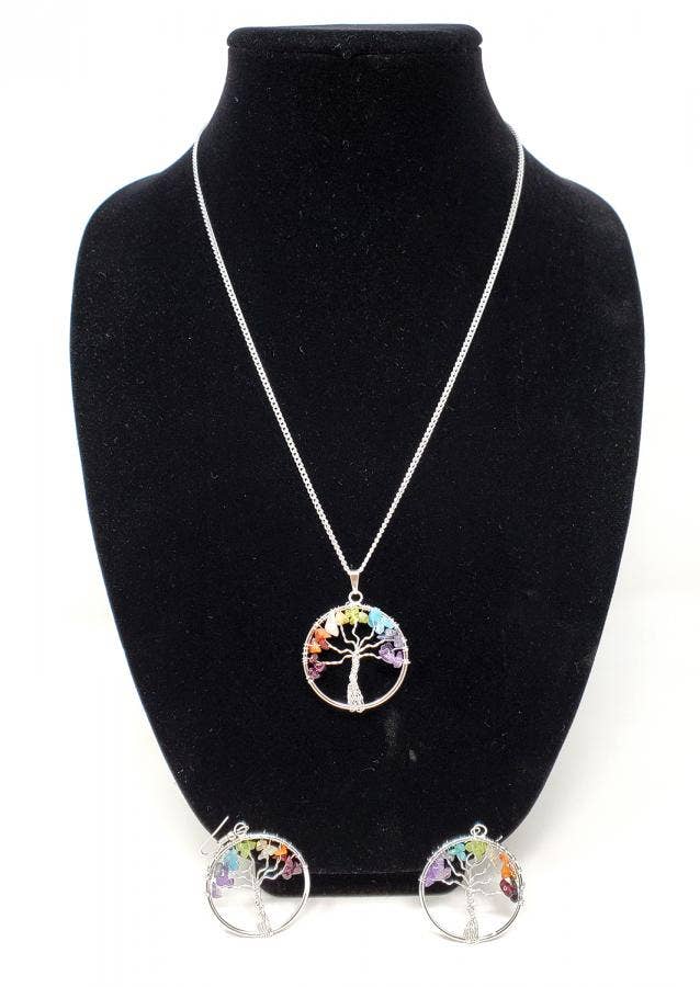 Tree of Life Chakra Gemstone Necklace with Earrings