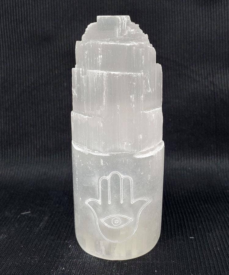 Hamsa Hand Selenite Tower 4"