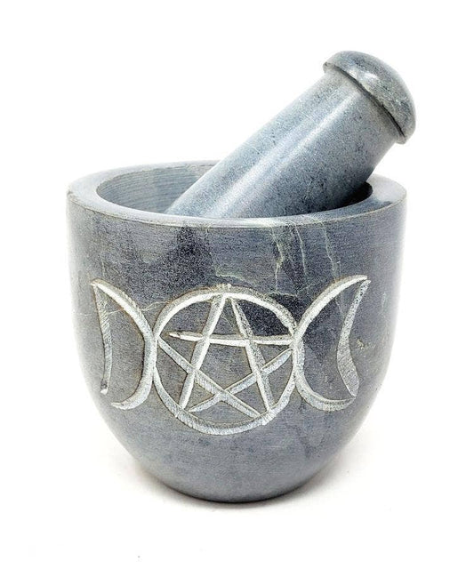 Triple Moon Pentagram Carved Soapstone Mortar & Pestle 2.75"