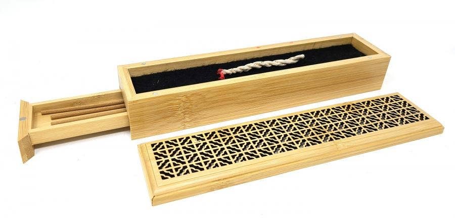 Large Size- Natural Finish Wood Incense Box Burner w/Storage