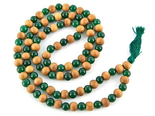 Green Jade & Natural Sandalwood Prayer Mala - 7mm