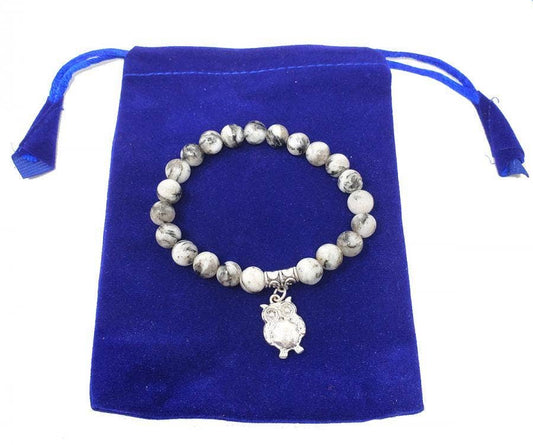 Black Sesame Gem Stone Bracelet with Owl Charm w/ Velvet Bag