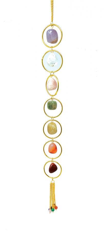 Seven Chakra Tumbled Stone Wall Hanging with Gold Rings 16"H