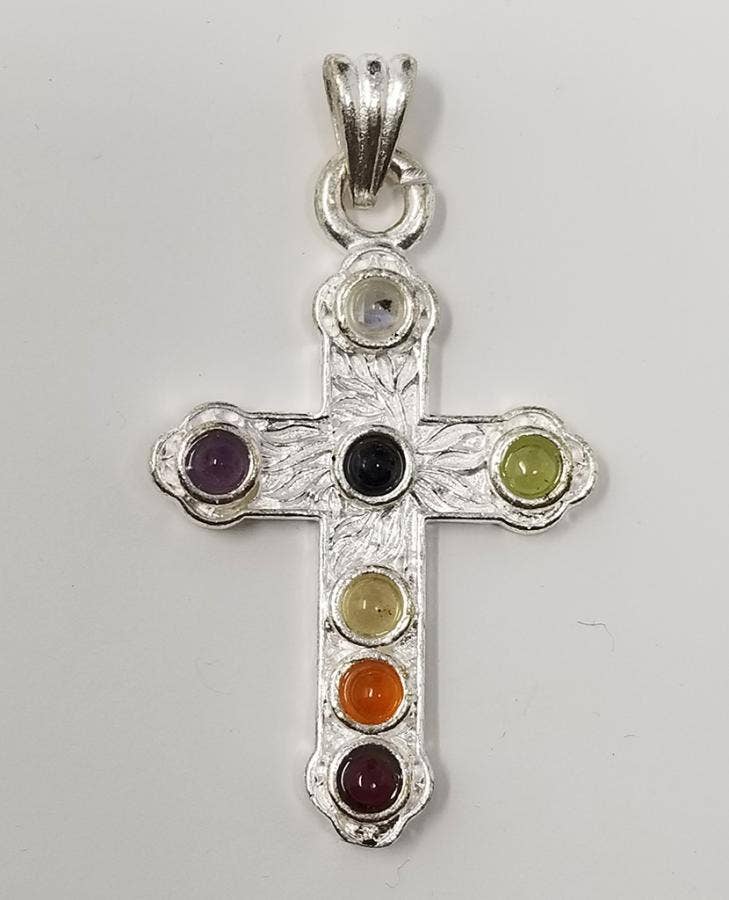 Cross with seven Chakra Gemstone Pendant 1.5"