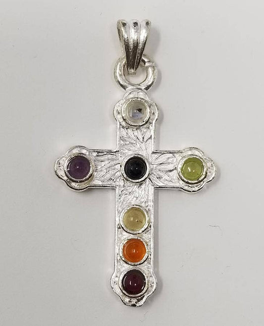 Cross with seven Chakra Gemstone Pendant 1.5"