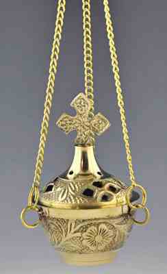 Cross Carved Brass Hanging Censer Burner - 4"H