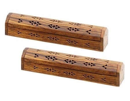 2 Pieces Wooden Incense Box Burner Plain Carved 12"L