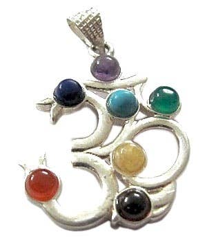 Om Symbol Seven Chakra Pendant White Metal - 1"x1.5"