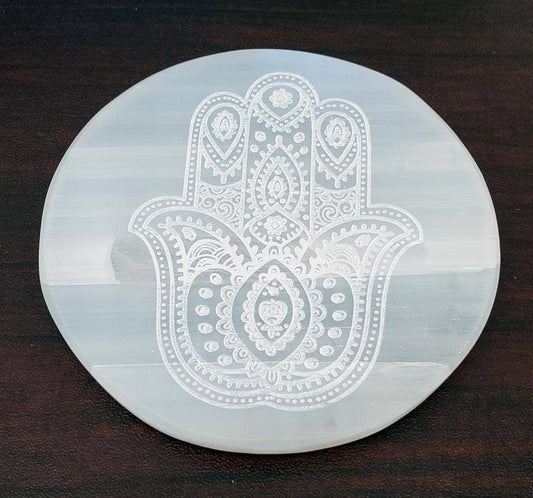 Selenite Coaster/Altar Tile - Hamsa 3"