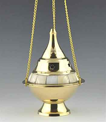 Brass Mother of Pearl Hanging Censer Burner - 5"H