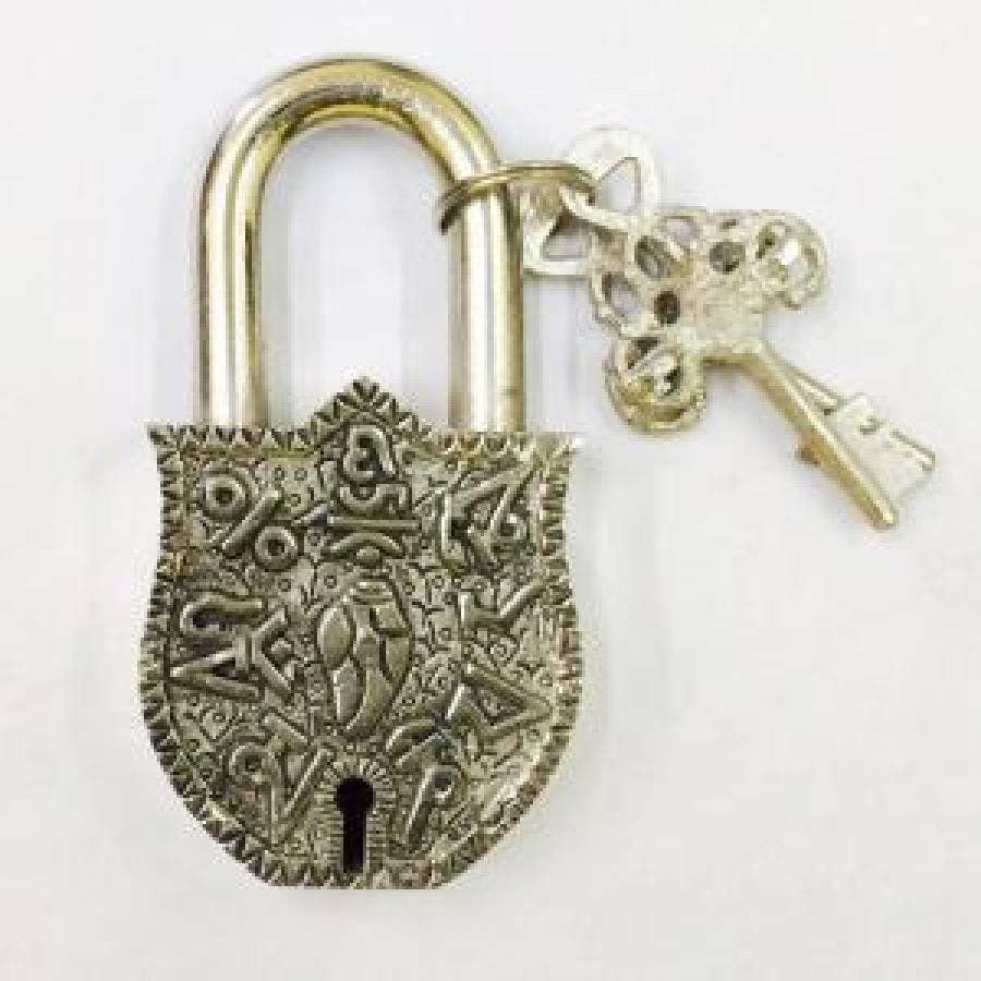 Om Mani Silver Tibetan Antique Brass Lock 4"H 2.5"W