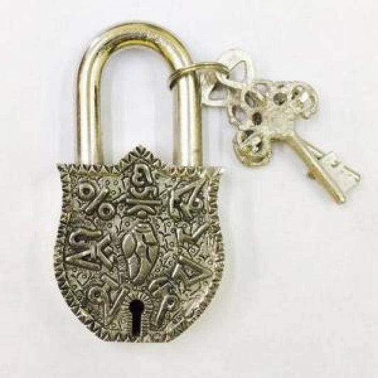 Om Mani Silver Tibetan Antique Brass Lock 4"H 2.5"W