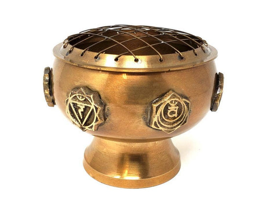 Seven Chakra Solid Brass Screen Charcoal Burner 3"H x 4" Dia