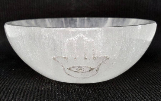 Hamsa Hand- White Selenite Bowl 3.5"-4" Diameter