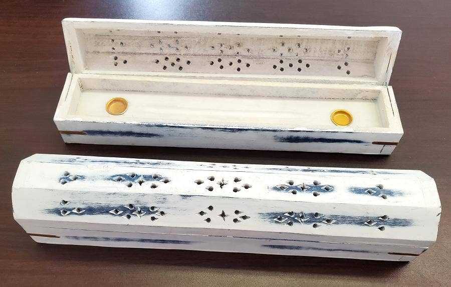 White Wash Wood Incense Box Burner 12"L (2 pieces) (Blue)