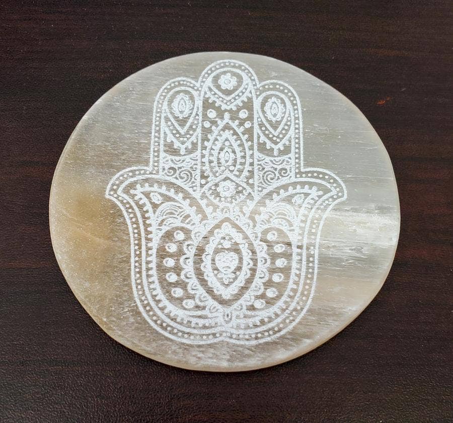 Orange Selenite Coaster/Altar Tile - Hamsa 3"