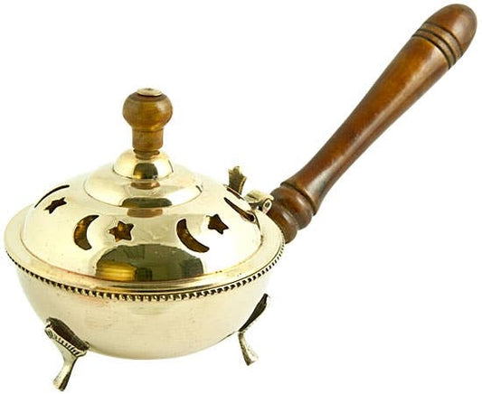 Brass Censer Burner with Wooden Handle - 9"L, 4"H