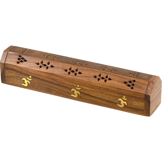 Om Wood Incense Box Burner 12"L (2 pieces)