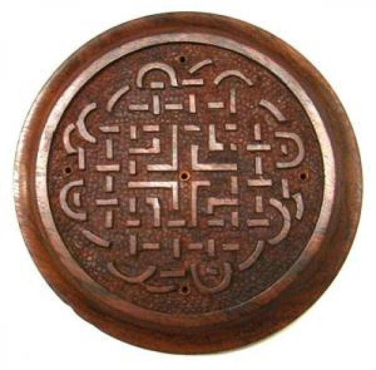 Celtic Knot Carved Wood Plate Stick Burner 5"D (2 Pc)