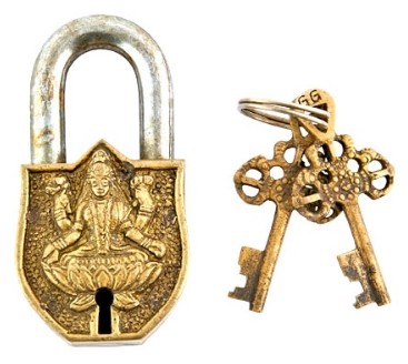 Goddess Laxmi Tibetan Antique Brass Lock - 1.75"W, 3.5"H