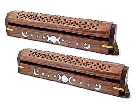 2 Pieces Triple Moon Wooden Incense Box Burner - 12"L