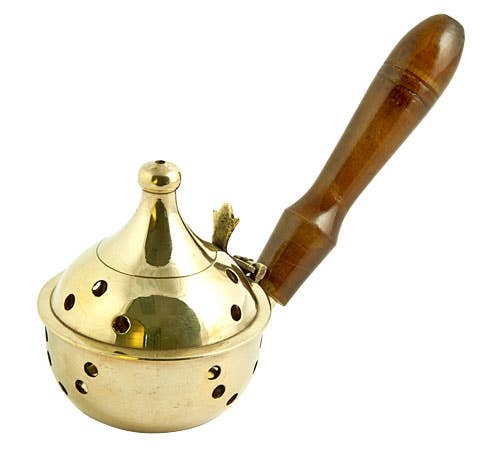 Brass Censer Burner with Wooden Handle - 6"L, 3"H