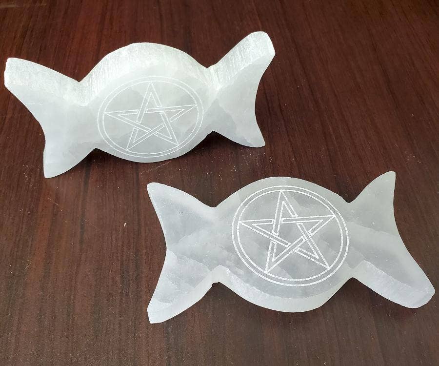 Selenite Triple Moon Pentagram Altar Tile 4.5 x 2.5" (2 pcs)