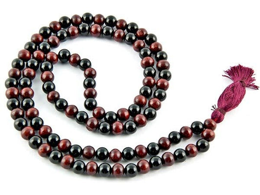 Black Agate & Red Sandalwood Prayer Mala - 8mm