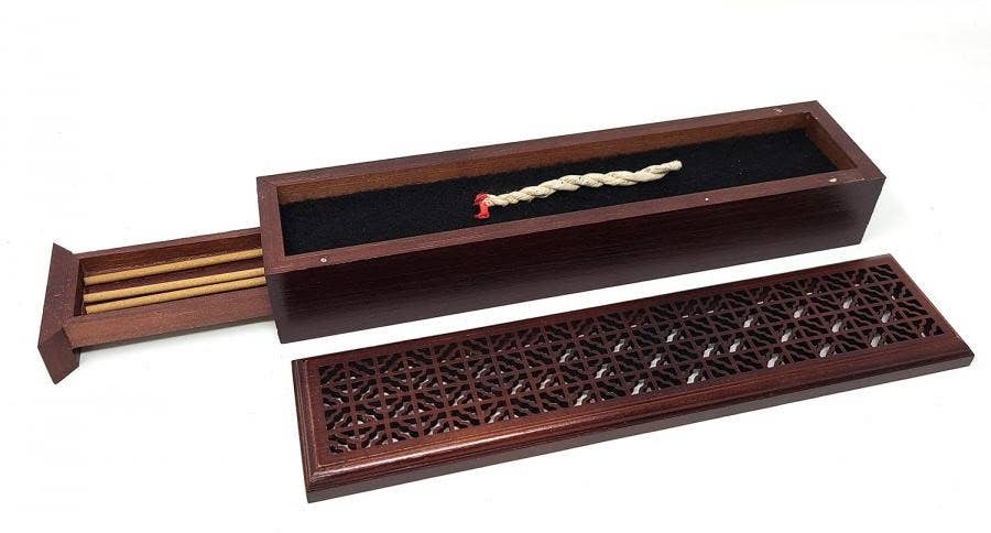 Large Size- Rosewood Finish Wood Incense Box Burner w/Storag