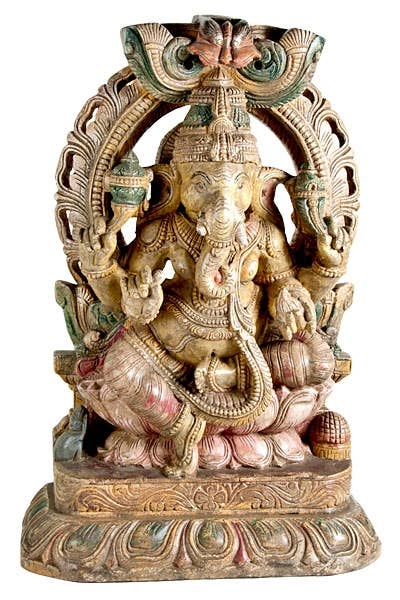 Lord Ganesh Wooden Statue Antique - 26"H