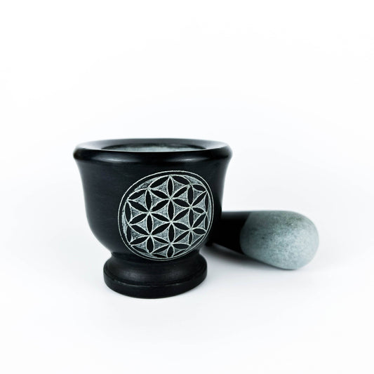 Flower of Life Carved Black Soapstone Mortar & Pestle 2.75H