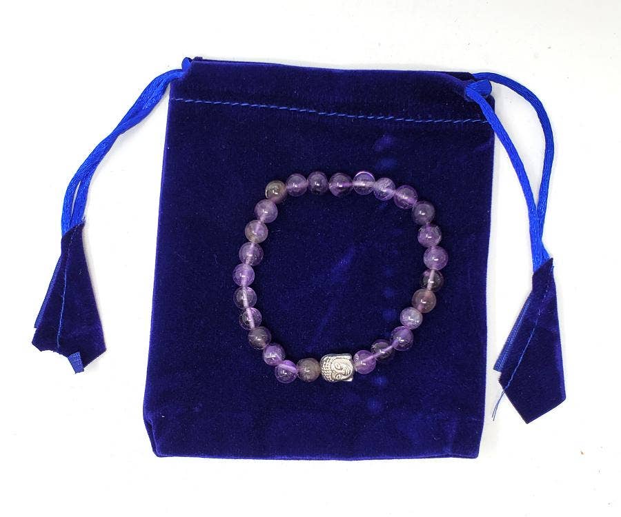 Amethyst Bracelet with Buddha Bead w/ Velvet Bag