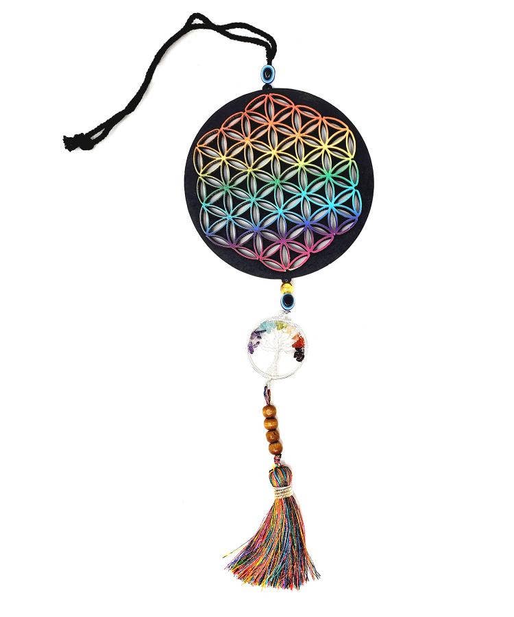 Tie Dye Wooden Flower of Life w/Tree of Life Charm Evil Eye