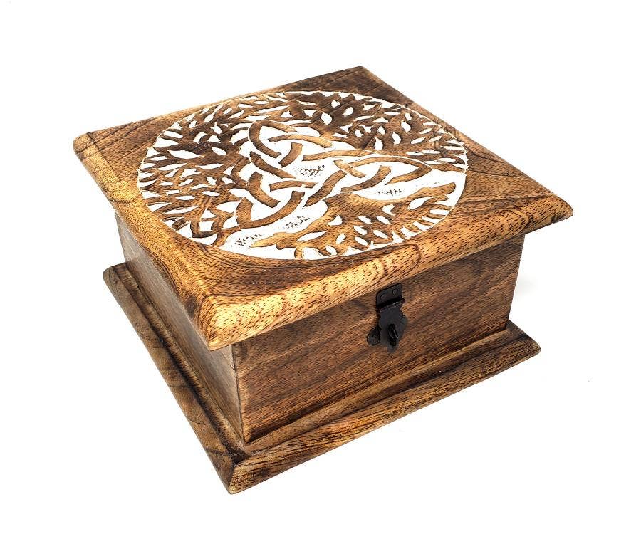 Triquetra Tree of Life Carved Wood Box 7" x 7" x 3.5" High