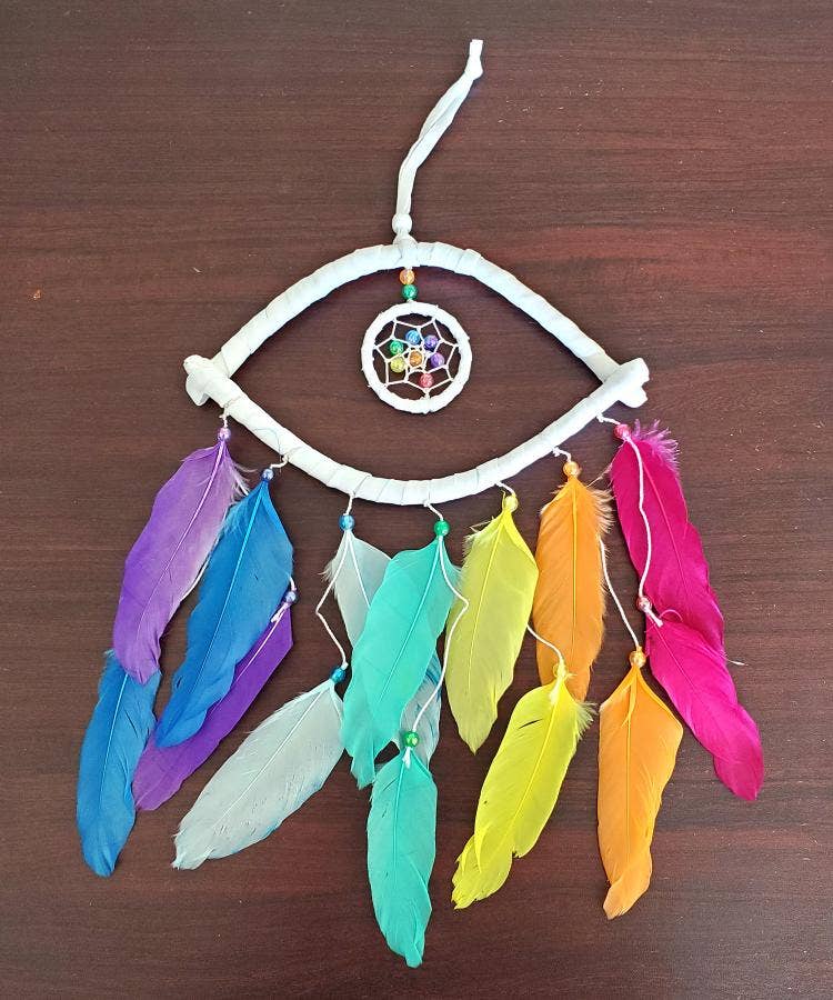 6" Diameter - Evil Eye Rainbow Feather Dream Catcher (DC99)