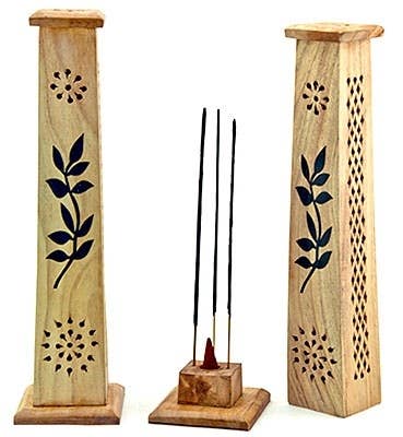 2 Pieces Floral Design Wooden Tower Burner for Sticks & Cone