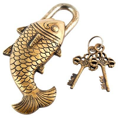 Fish Tibetan Antique Brass Lock - 3"W, 7"H