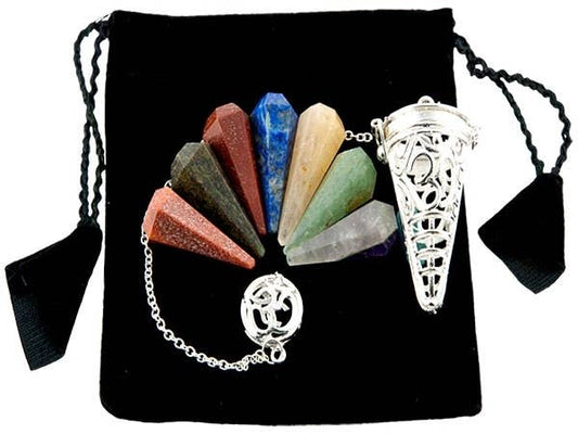 Faceted 7 Chakra Pendulum + Om Cage Set in Velvet Pouch