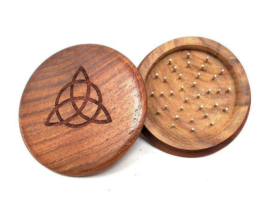 Triquetra Carved Wooden Herb Grinder 3" Round (6 Pc) Metal Teeth