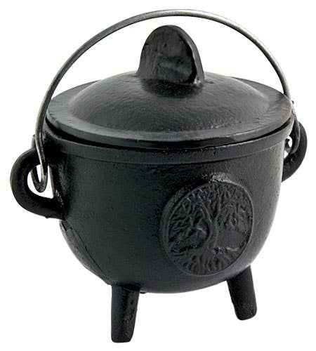 Tree of Life Cast Iron Cauldron with Lid - 5"H, 4.5"D