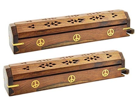 2 Pieces Peace Sign Wooden Incense Box Burner - 12"L