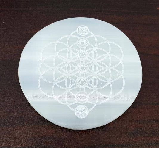 Selenite Coaster/Altar Tile - Flower of Life 3"